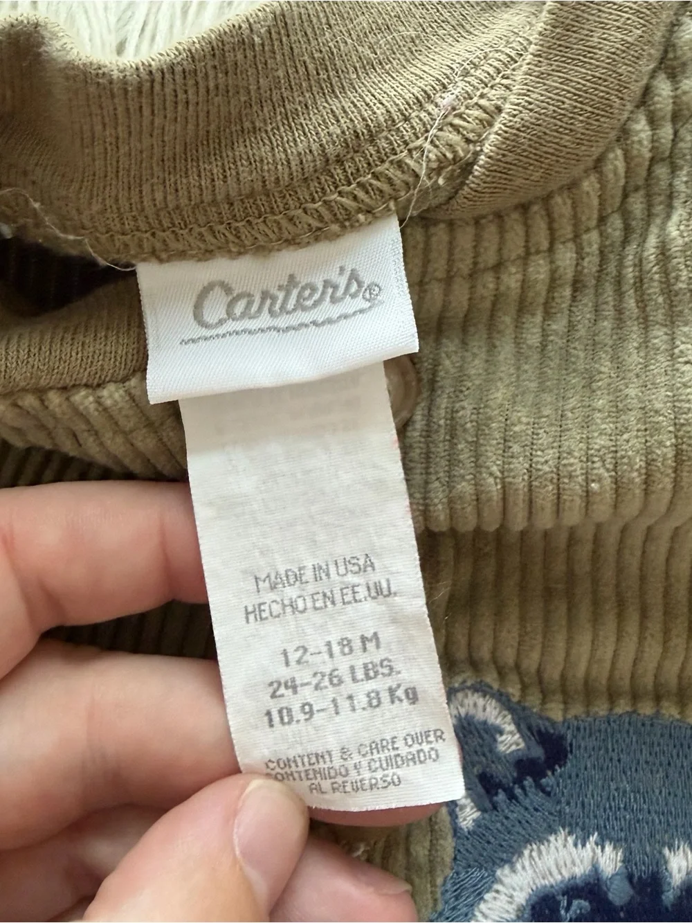 Vintage Carters Beige Corduroy Raccoon Embroidered Jumpsuit Baby 12-18 Months